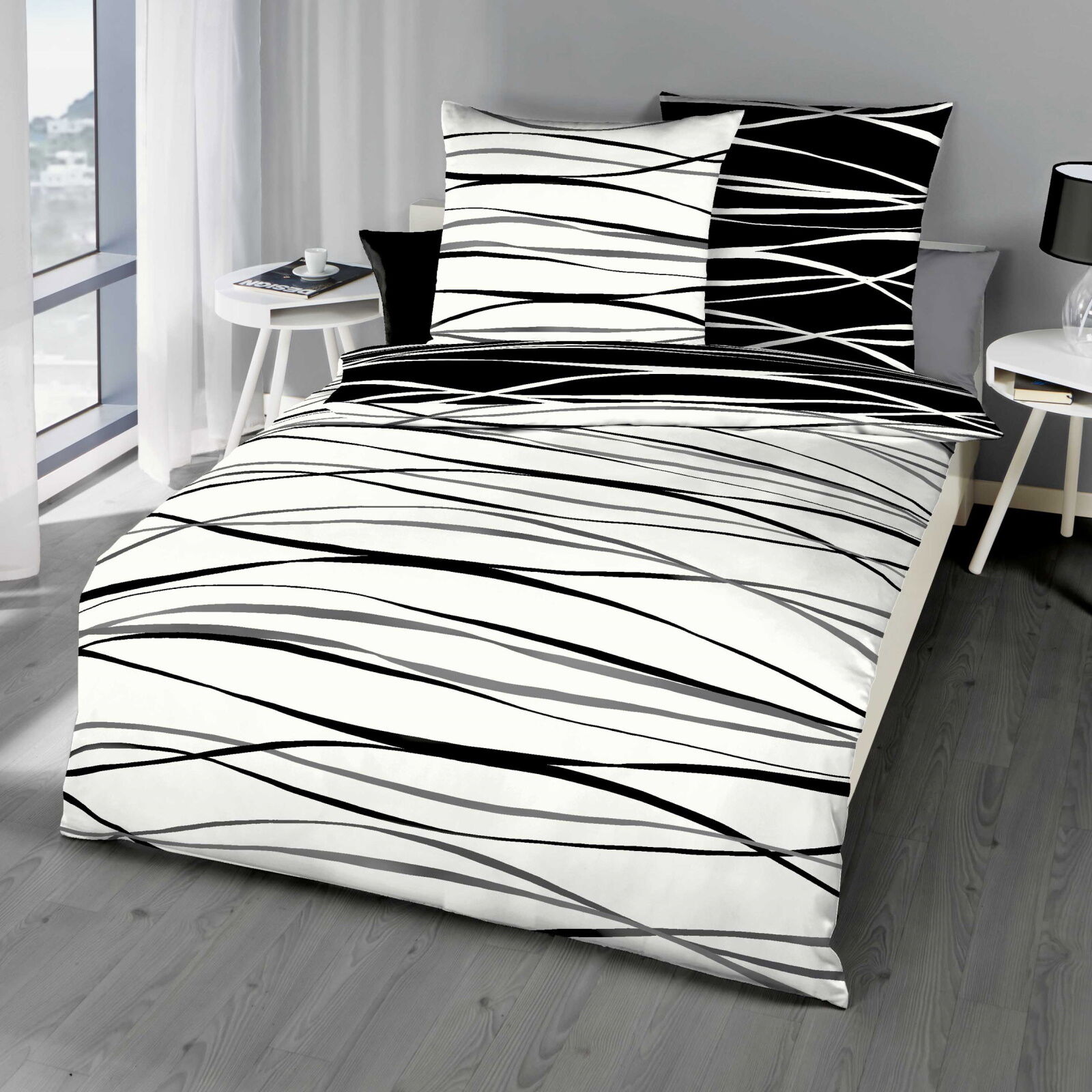 Mako Satin Bettwäsche Schwarz Wellen